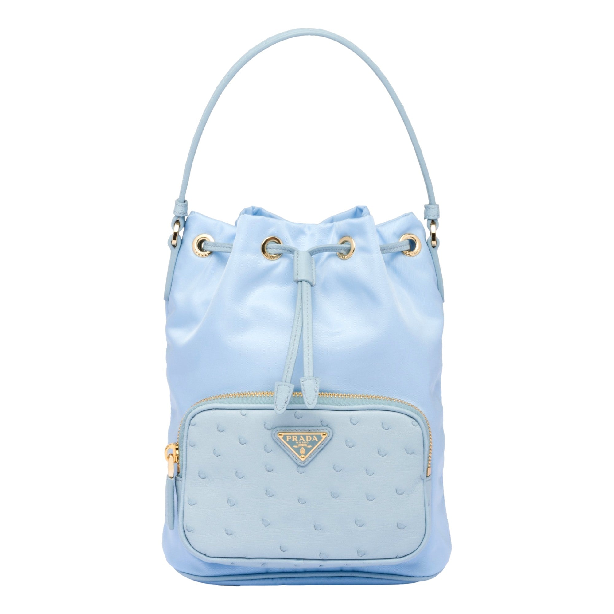 Prada duet orstrich leather and nylon bucket bag in blue available at Queen Bee of Beverly Hills