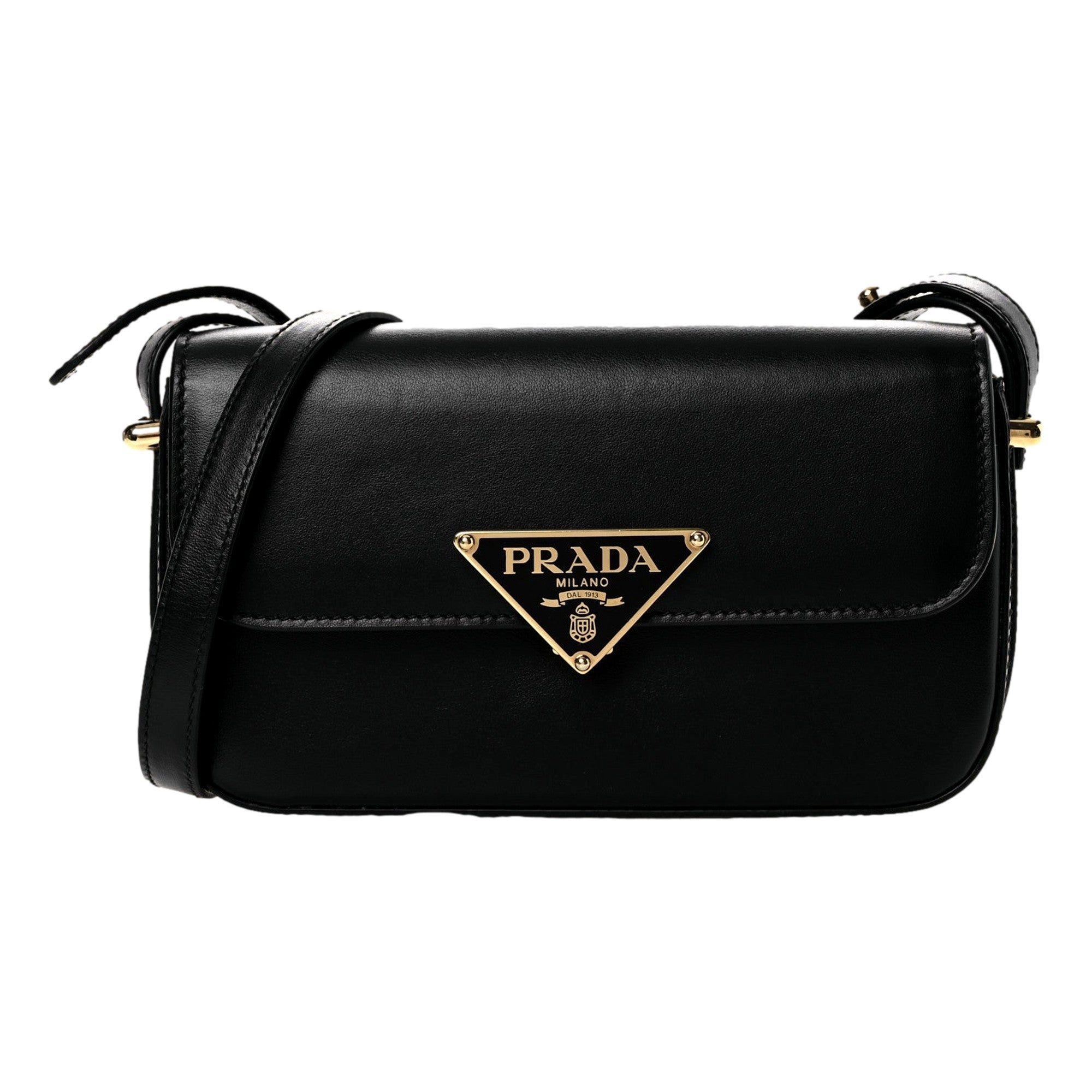 Prada Embleme Triangle Logo Soft Calfskin Crossbody Bag Black sold at Queen Bee of Beverly Hills