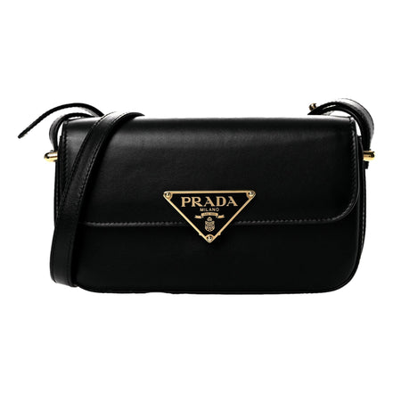 Prada Embleme Triangle Logo Soft Calfskin Crossbody Bag Black sold at Queen Bee of Beverly Hills