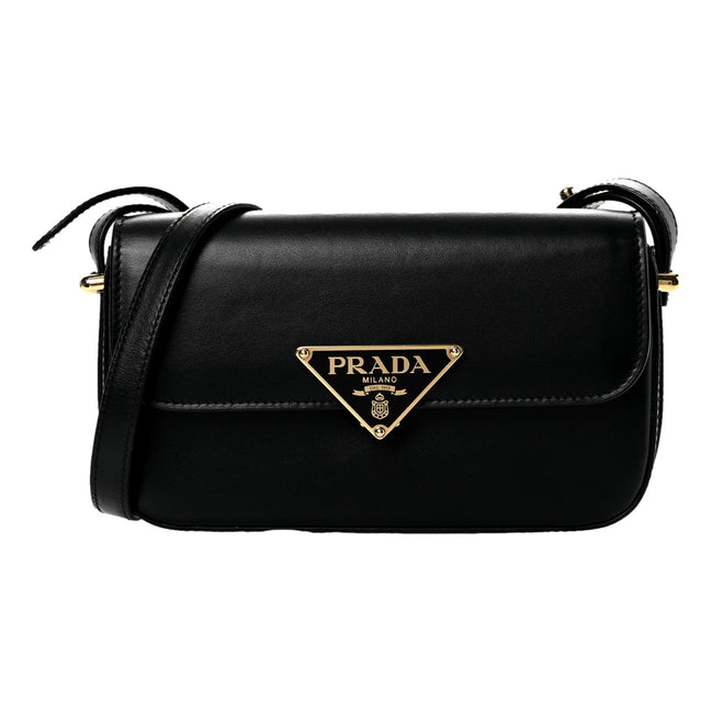 Prada Embleme Triangle Logo Soft Calfskin Crossbody Bag Black sold at Queen Bee of Beverly Hills