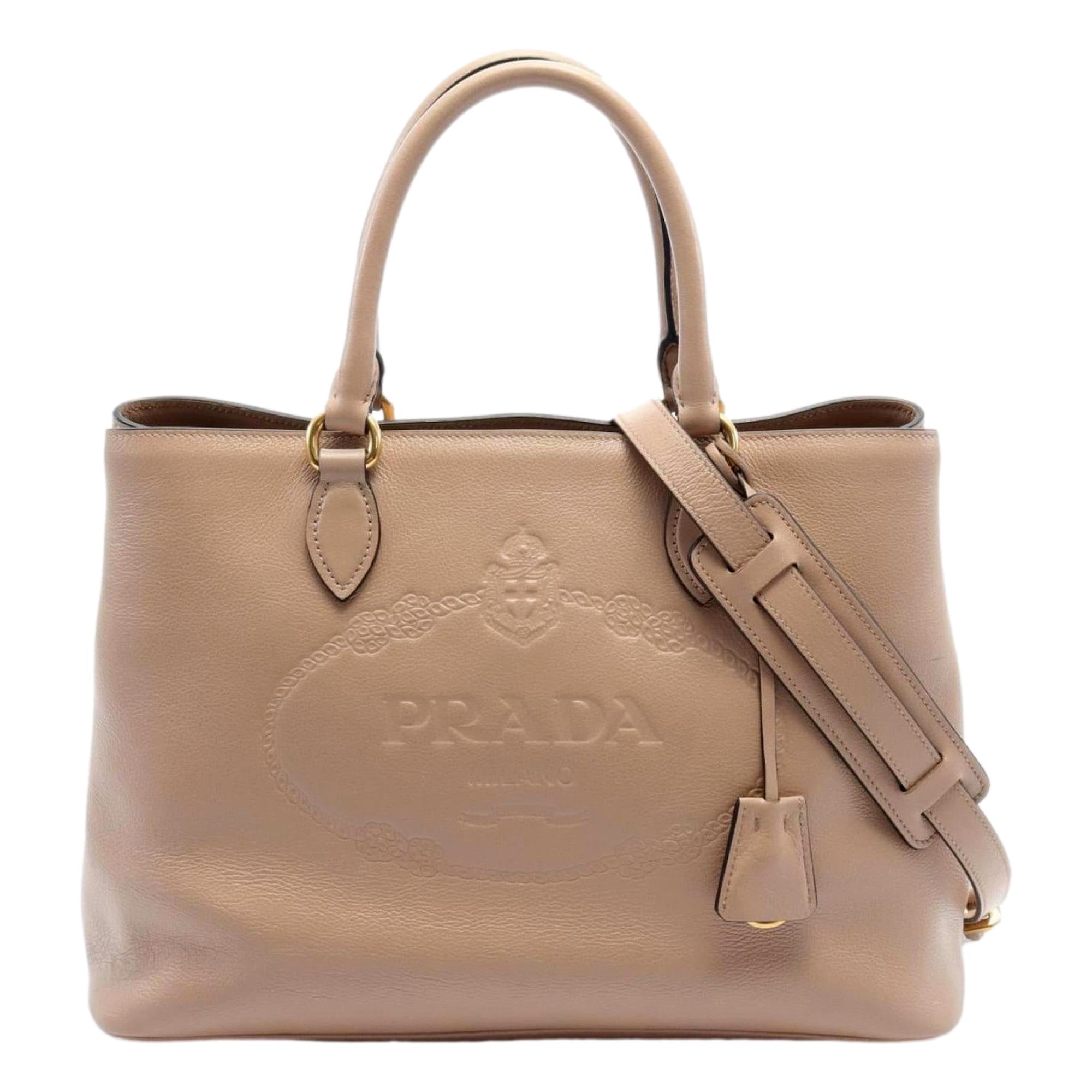 Prada Embossed Logo Soft Leather Handbag Shopper Tote Cammeo Beige available at Queen Bee of Beverly Hills