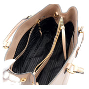 Prada Embossed Logo Soft Leather Handbag Shopper Tote Cammeo Beige available at Queen Bee of Beverly Hills
