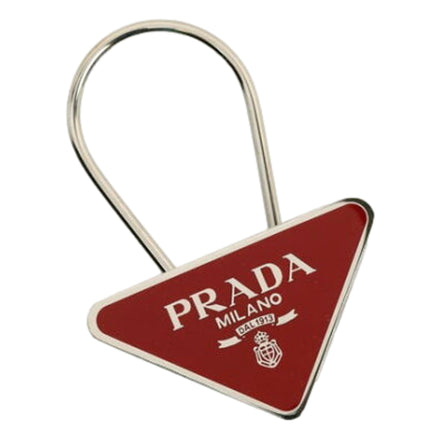 Prada Enameled Metal Key Ring Red and Gold Triangle Logo Purse Charm available at Queen Bee of Beverly Hills