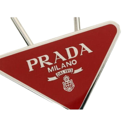 Prada Enameled Metal Key Ring Red and Gold Triangle Logo Purse Charm available at Queen Bee of Beverly Hills
