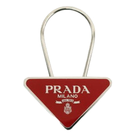 Prada Enameled Metal Key Ring Red and Gold Triangle Logo Purse Charm available at Queen Bee of Beverly Hills
