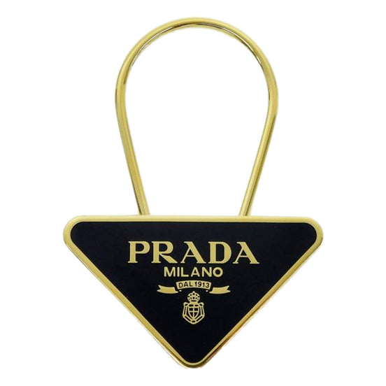 Prada Enameled Metal Logo Pin Key Ring Black and Gold Purse Charm available at Queen Bee of Beverly Hills