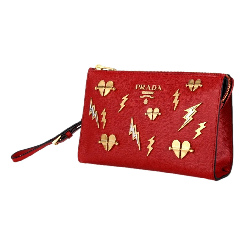 Prada Fuoco Red Saffiano Leather Gold Hearts Pouch Wristlet Clutch Bag –  Queen Bee of Beverly Hills