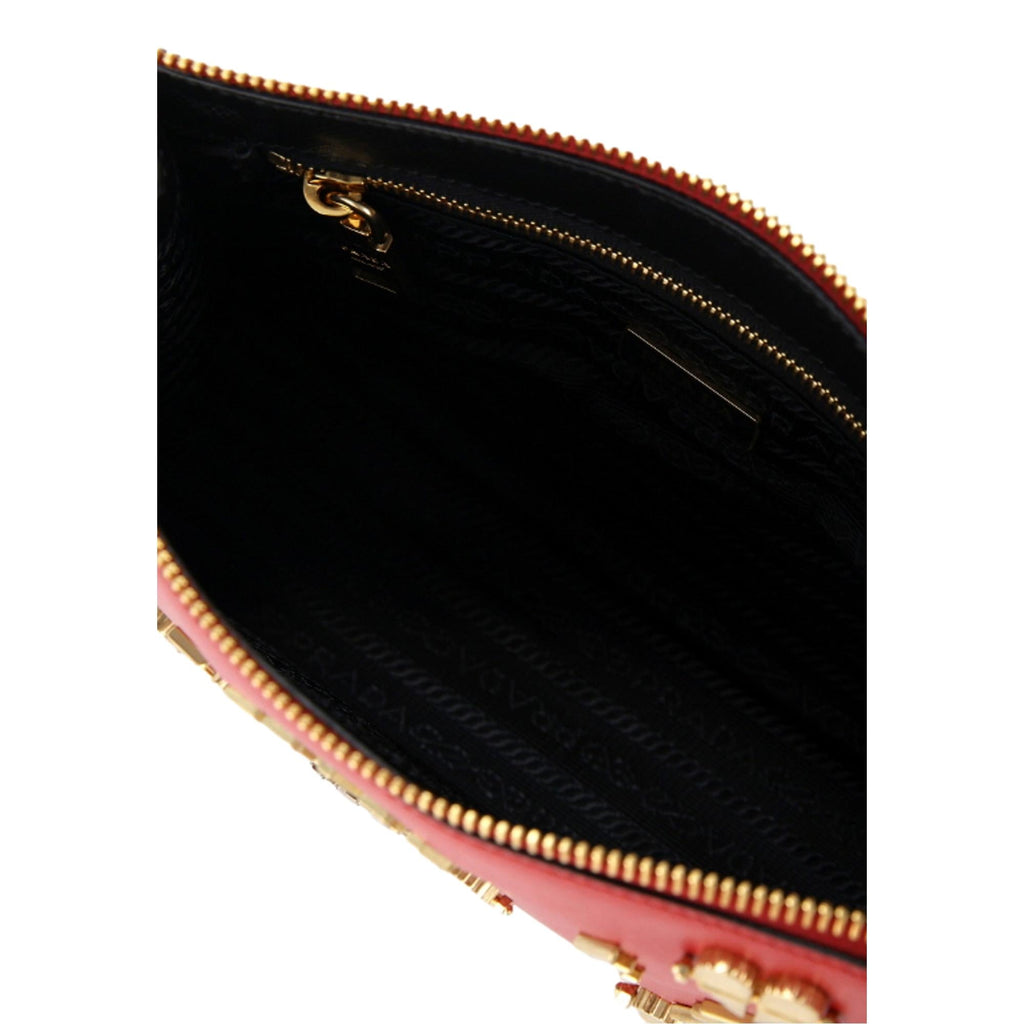 New Prada Fuoco Red Saffiano Leather Gold Hearts Pouch Wristlet Bag 1NE007  