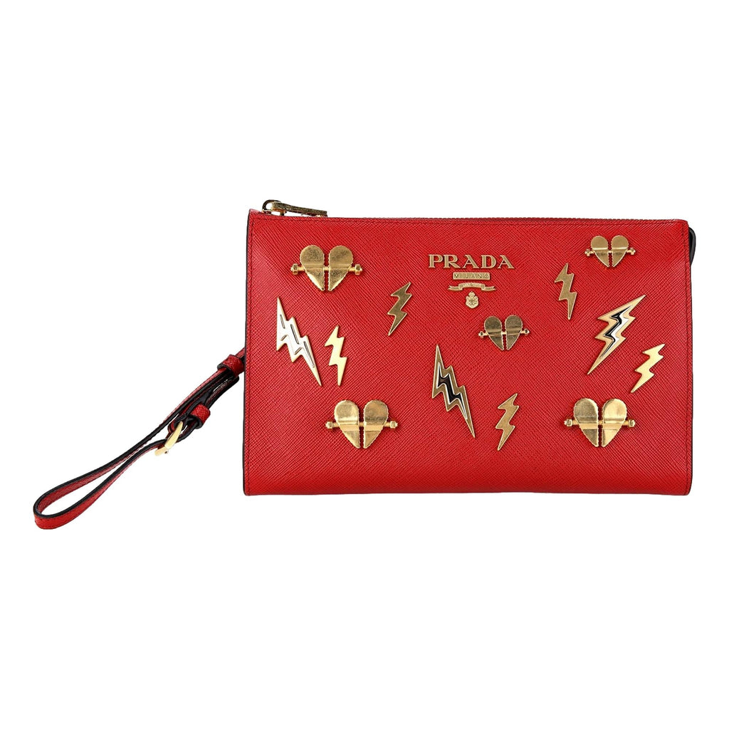 Prada Fuoco Red Saffiano Leather Gold Hearts Pouch Wristlet Clutch Bag –  Queen Bee of Beverly Hills