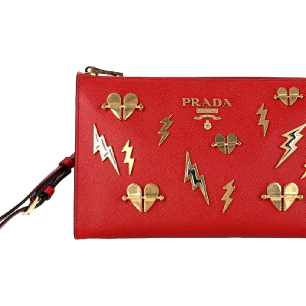 Prada Fuoco Red Saffiano Leather Gold Hearts Pouch Wristlet Clutch Bag –  Queen Bee of Beverly Hills