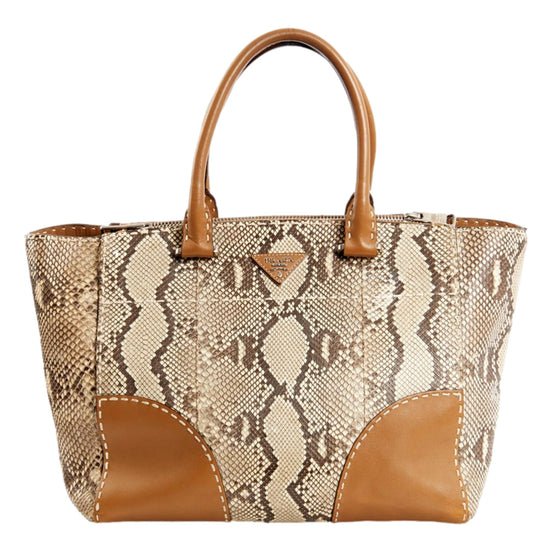 Prada Galleria Natural Python Leather Brown Double Zip Tote Handbag available at Queen Bee of Beverly Hills