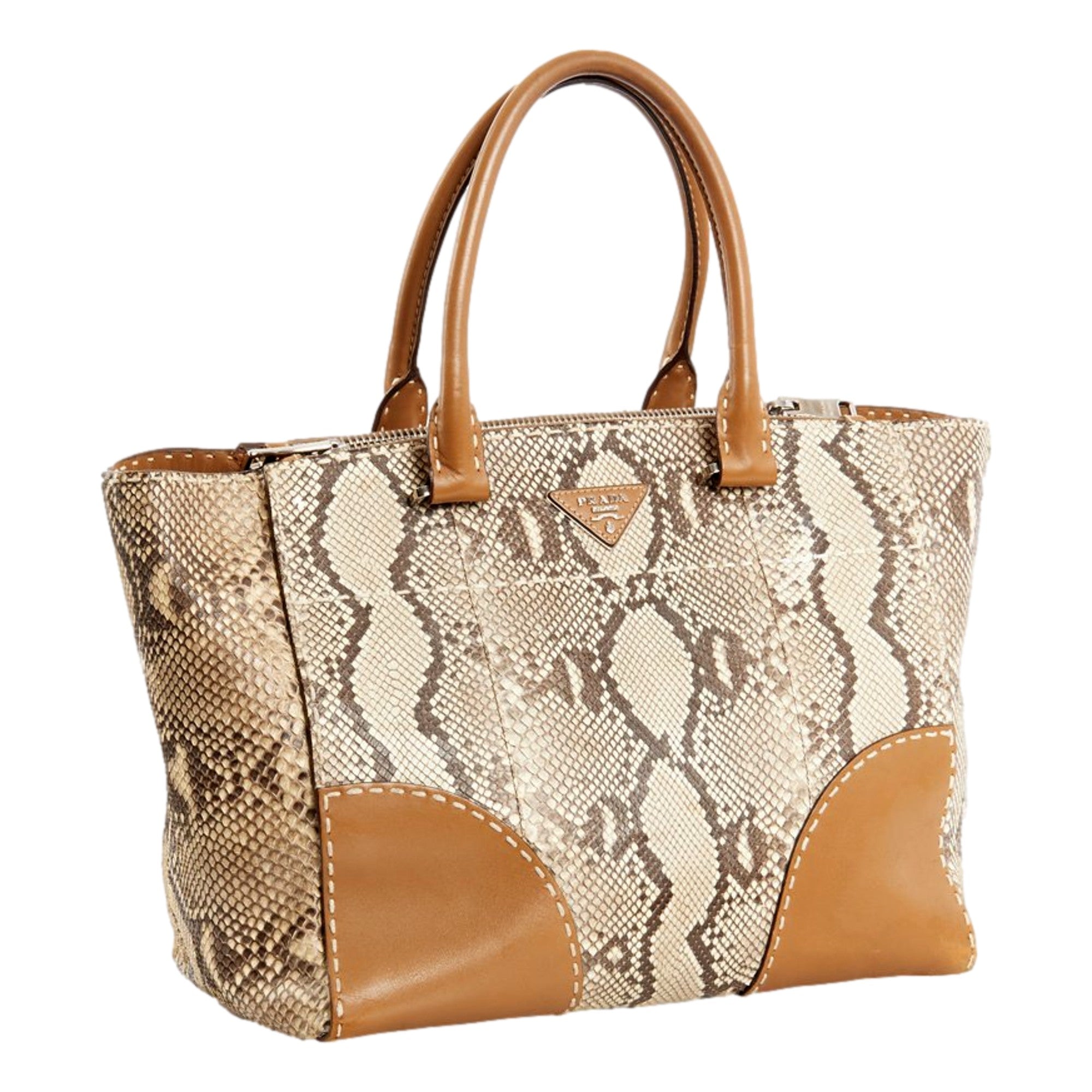 Prada Galleria Natural Python Leather Brown Double Zip Tote Handbag available at Queen Bee of Beverly Hills