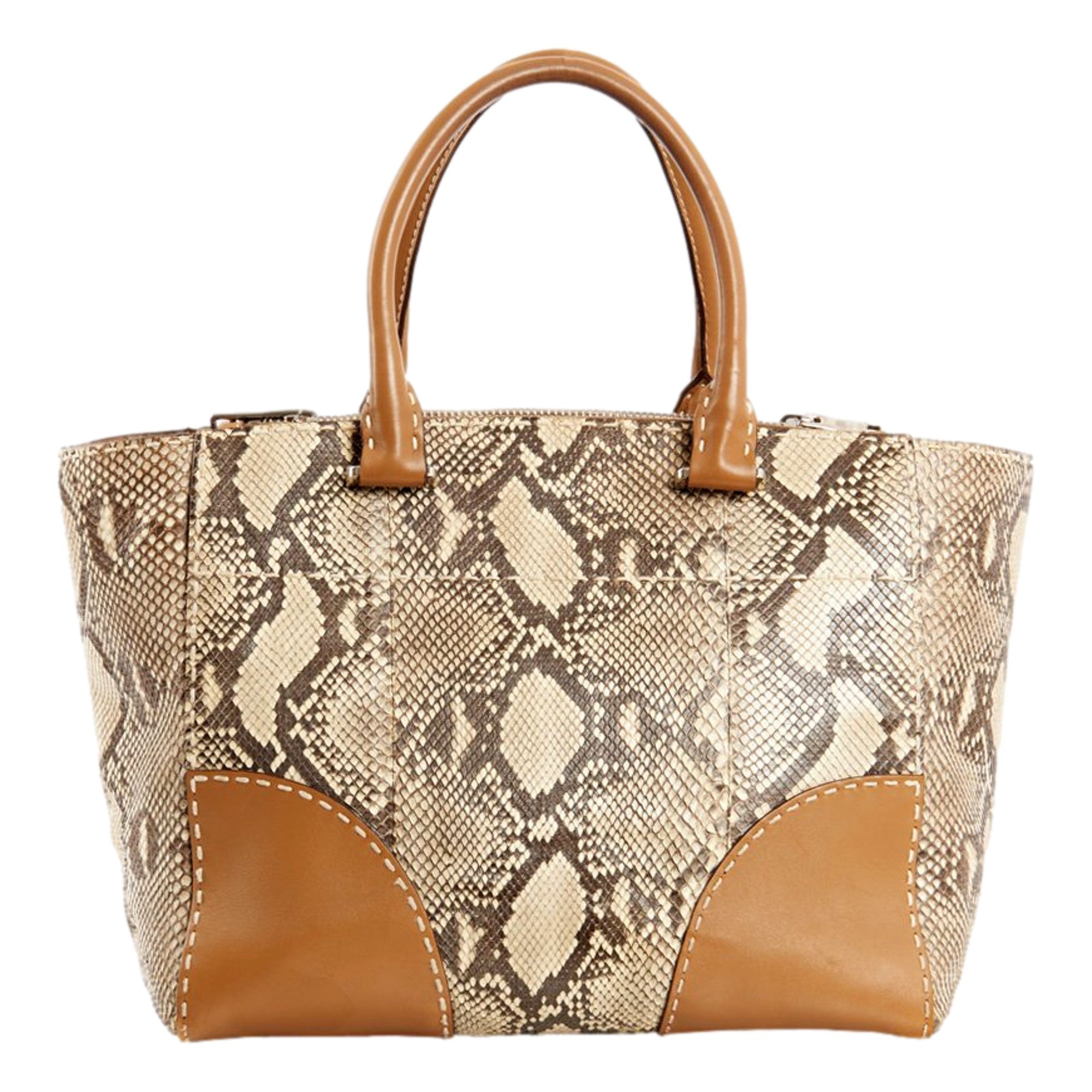 Prada Galleria Natural Python Leather Brown Double Zip Tote Handbag available at Queen Bee of Beverly Hills