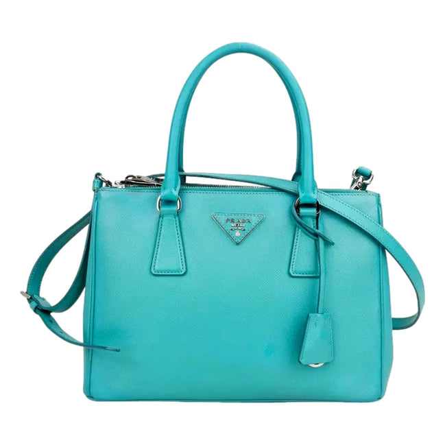 Prada Galleria Saffiano Lux Leather Small Tote Handbag Giada Teal available at Queen Bee of Beverly Hills