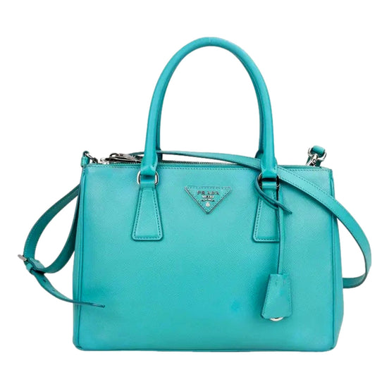 Prada Galleria Saffiano Lux Leather Small Tote Handbag Giada Teal available at Queen Bee of Beverly Hills