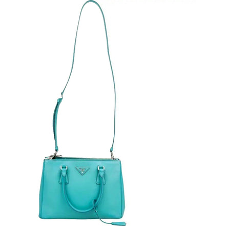 Prada Galleria Saffiano Lux Leather Small Tote Handbag Giada Teal available at Queen Bee of Beverly Hills