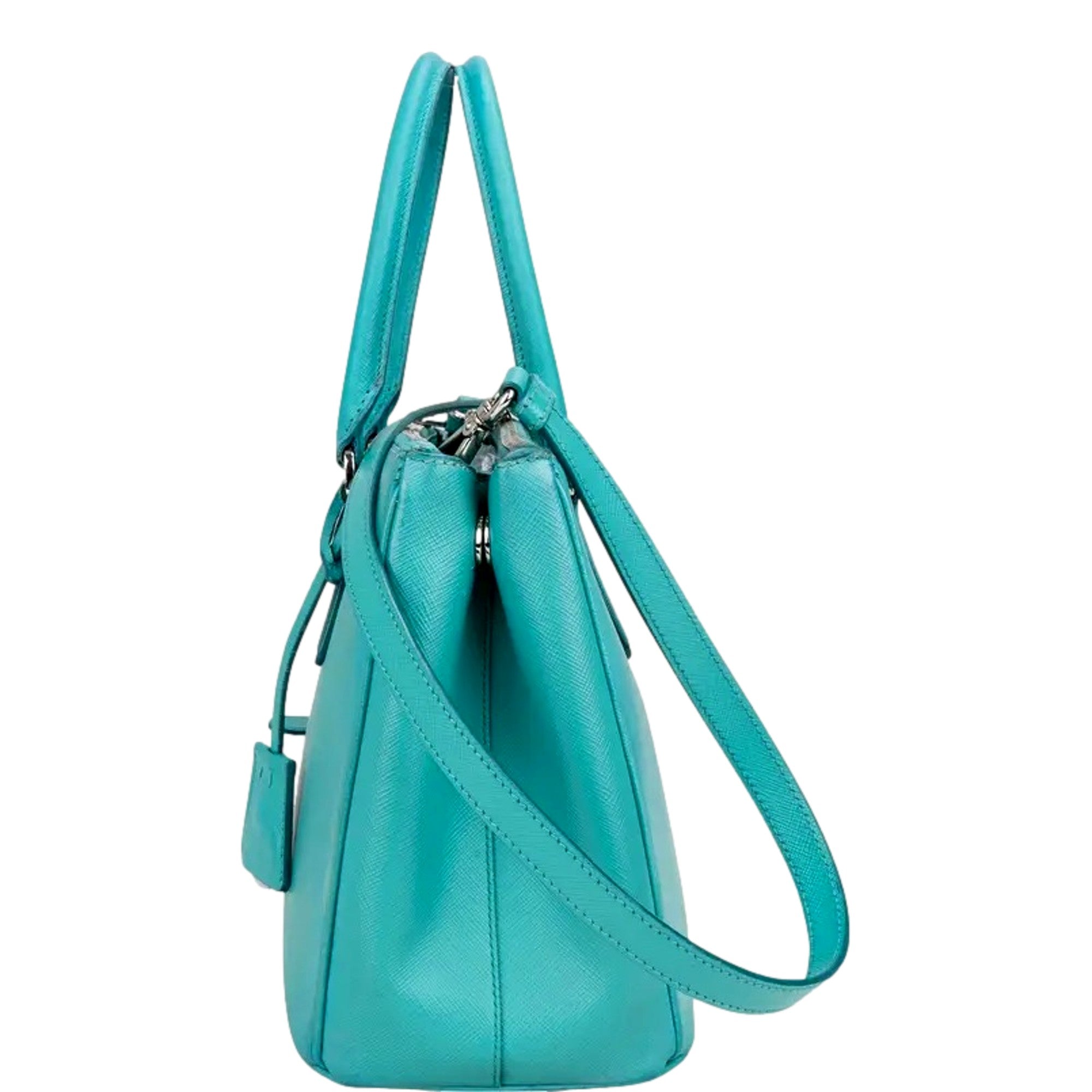 Prada Galleria Saffiano Lux Leather Small Tote Handbag Giada Teal available at Queen Bee of Beverly Hills