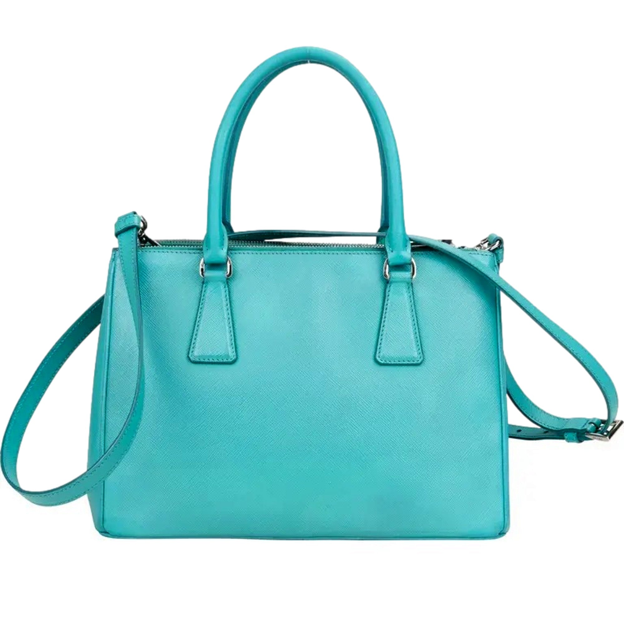 Prada Galleria Saffiano Lux Leather Small Tote Handbag Giada Teal available at Queen Bee of Beverly Hills