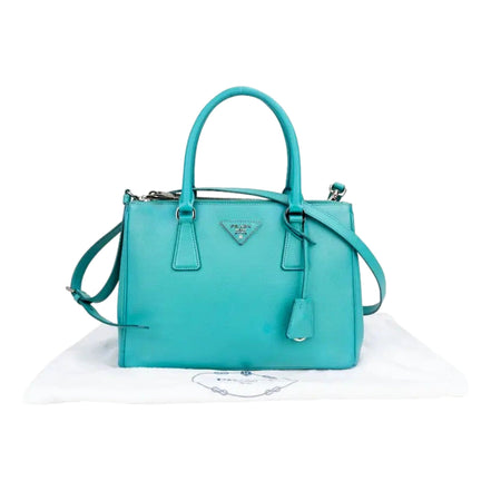 Prada Galleria Saffiano Lux Leather Small Tote Handbag Giada Teal available at Queen Bee of Beverly Hills