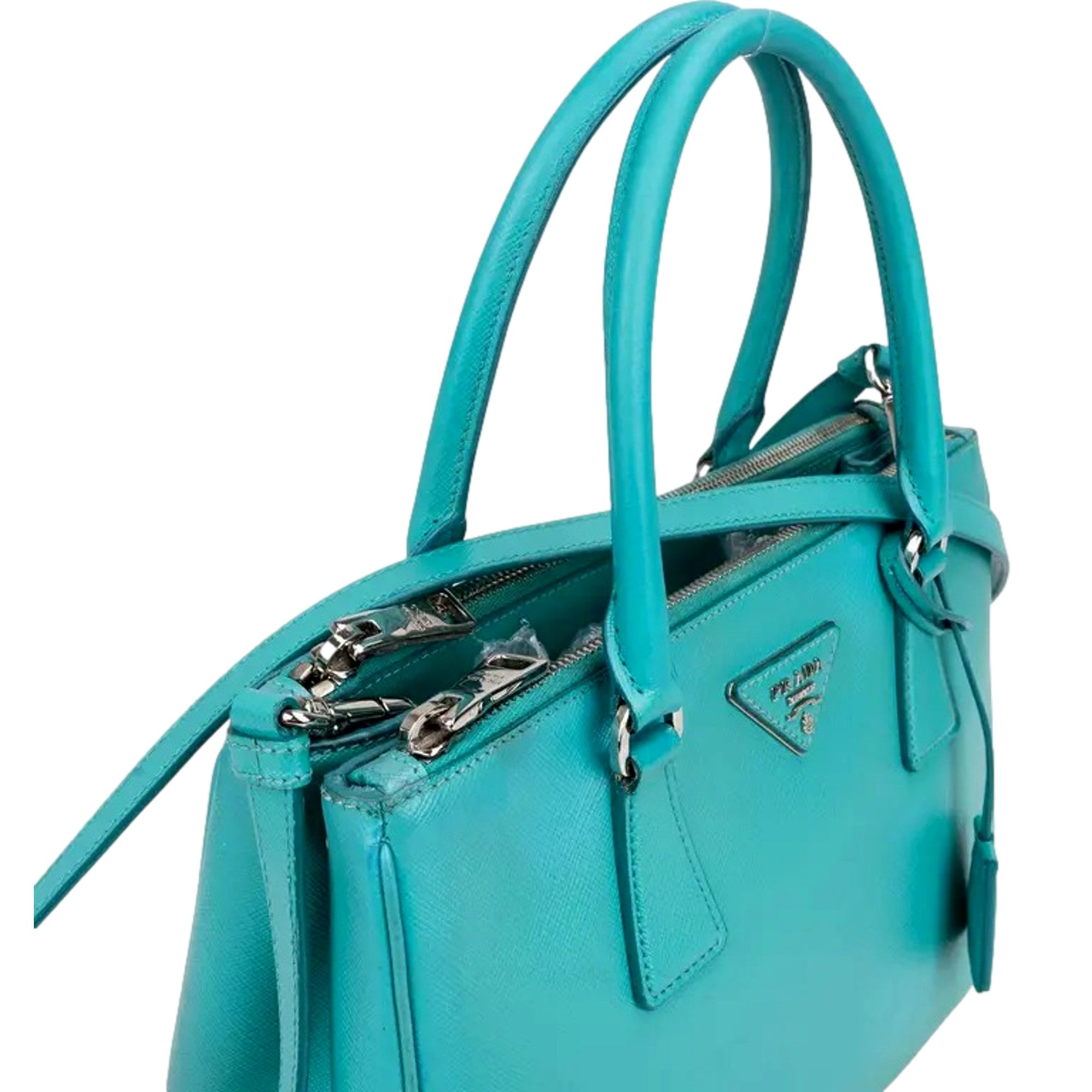 Prada Galleria Saffiano Lux Leather Small Tote Handbag Giada Teal available at Queen Bee of Beverly Hills
