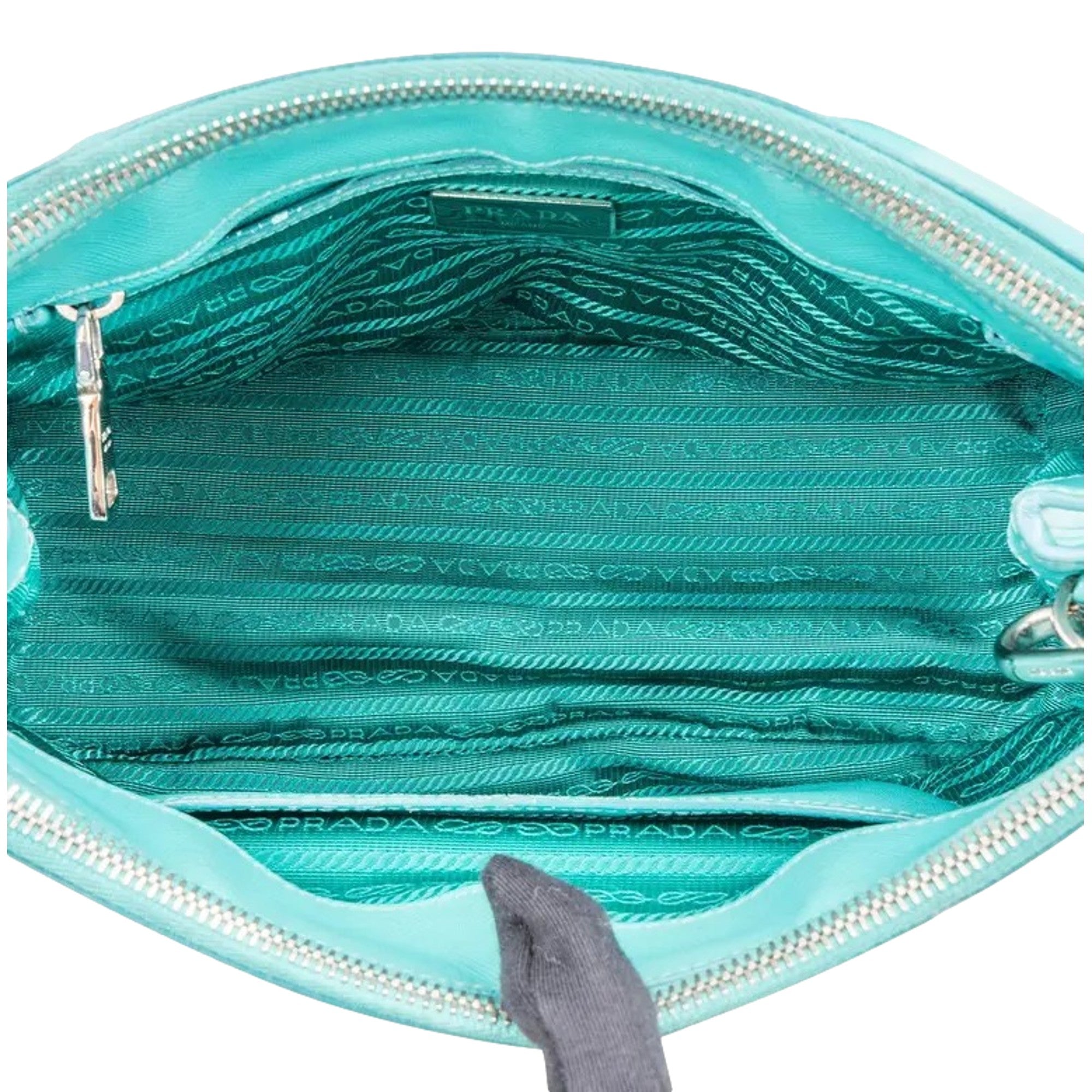 Prada Galleria Saffiano Lux Leather Small Tote Handbag Giada Teal available at Queen Bee of Beverly Hills