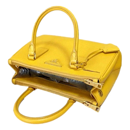 Prada Galleria Saffiano Lux Leather Small Tote Handbag Sole Yellow available at Queen Bee of Beverly Hills
