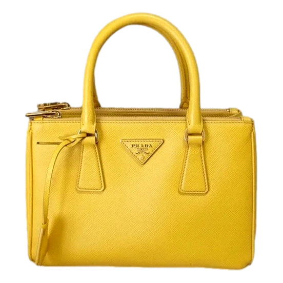 Prada Galleria Saffiano Lux Leather Small Tote Handbag Sole Yellow available at Queen Bee of Beverly Hills