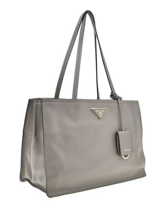 Prada Argilla Grey Glace Calf Leather Shopping Tote Bag - available at Queen Bee of Beverly Hills. 