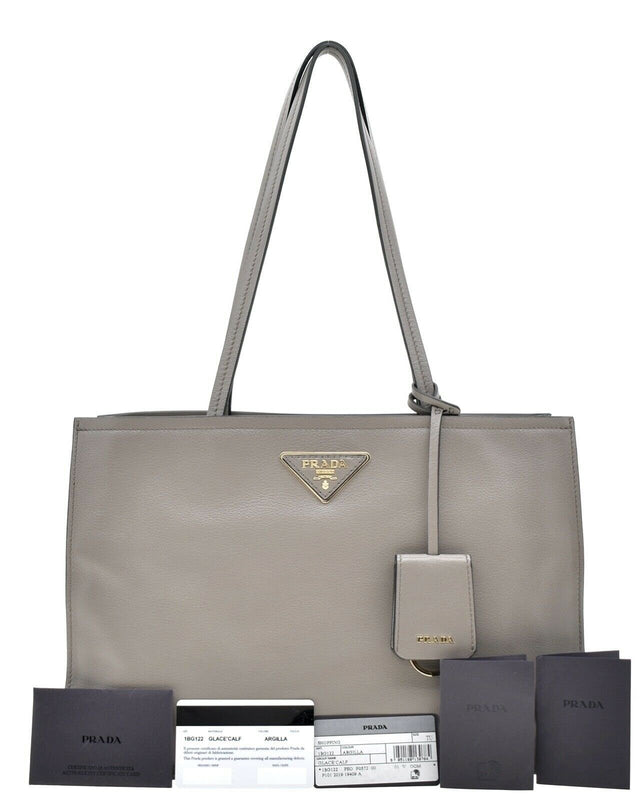 Prada Argilla Grey Glace Calf Leather Shopping Tote Bag - available at Queen Bee of Beverly Hills. 