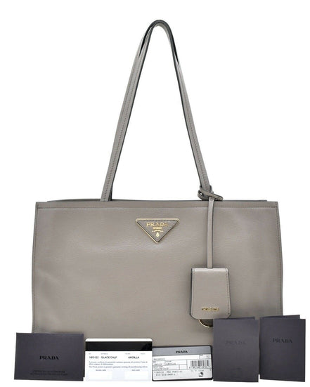 Prada Argilla Grey Glace Calf Leather Shopping Tote Bag - available at Queen Bee of Beverly Hills. 