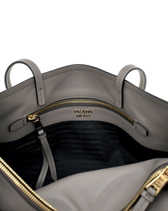 Prada Argilla Grey Glace Calf Leather Shopping Tote Bag - available at Queen Bee of Beverly Hills. 
