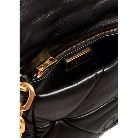 Prada Gold Logo Black Quilted Nappa Patch Leather Small Shoulder Bag available at Queen Bee of Beverly Hills