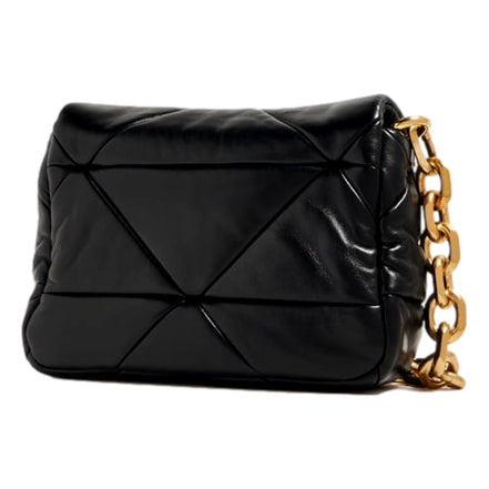 Prada Gold Logo Black Quilted Nappa Patch Leather Small Shoulder Bag available at Queen Bee of Beverly Hills