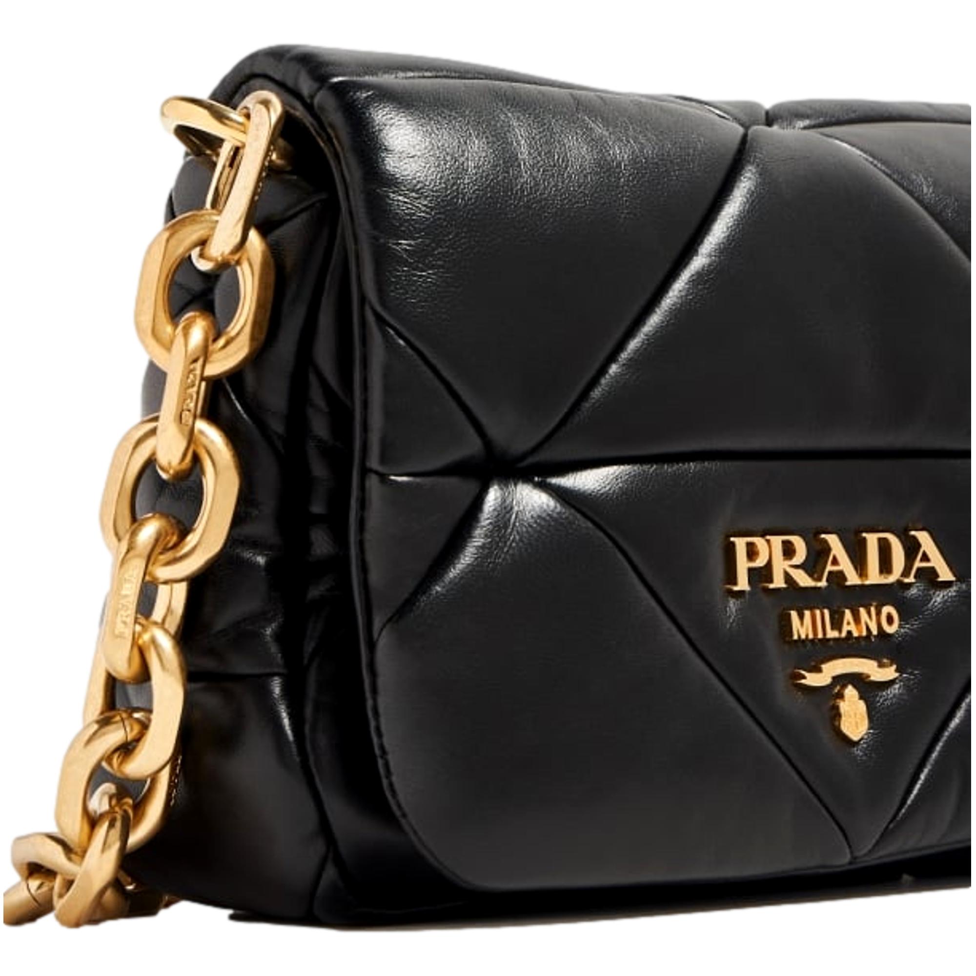 Prada Gold Logo Black Quilted Nappa Patch Leather Small Shoulder Bag available at Queen Bee of Beverly Hills