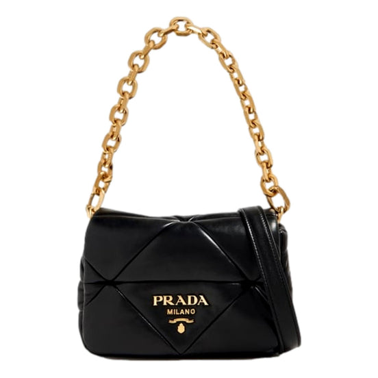 Prada Gold Logo Black Quilted Nappa Patch Leather Small Shoulder Bag available at Queen Bee of Beverly Hills