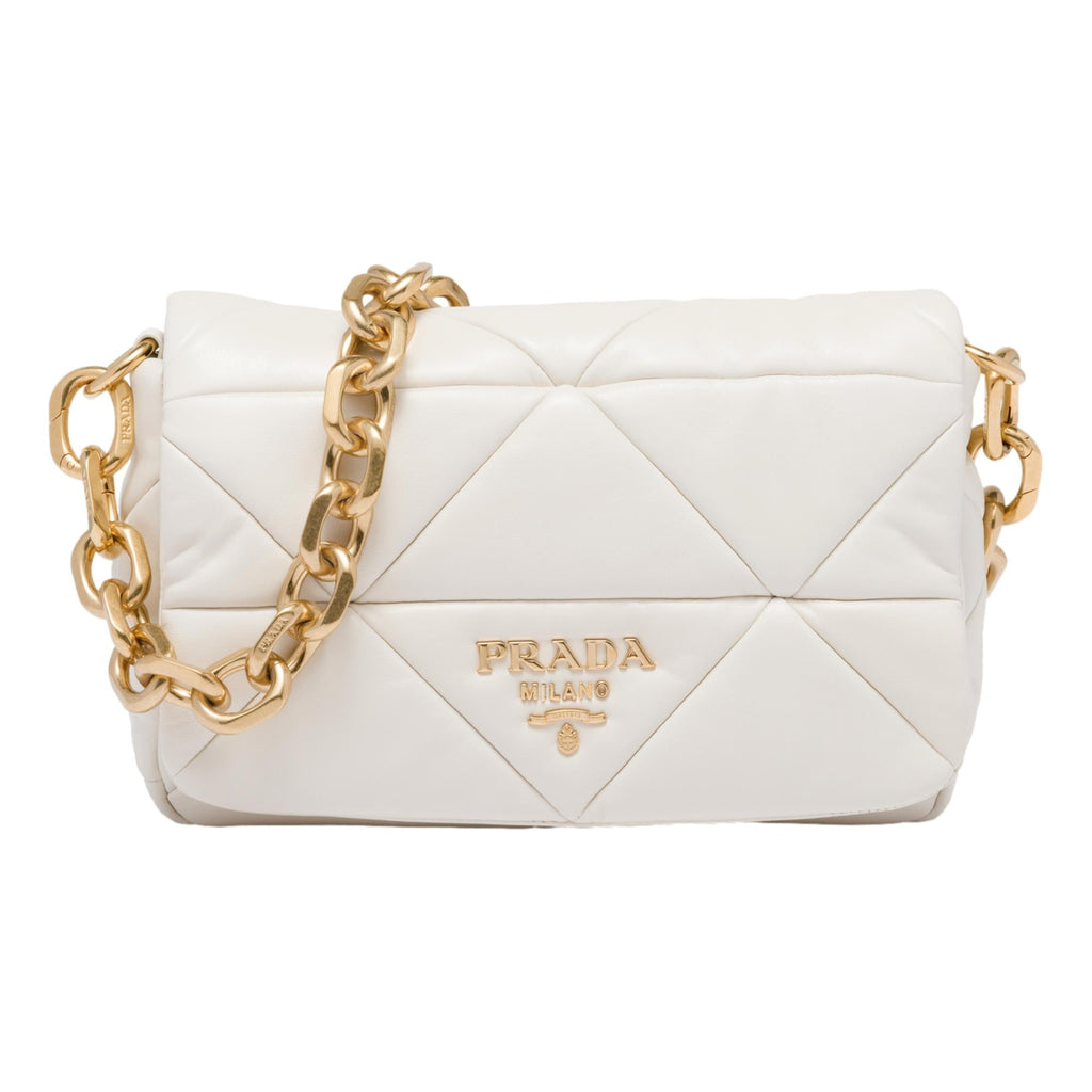 Prada Gold Logo Ivory Quilted Nappa Patch Leather Shoulder Bag at_Queen_Bee_of_Beverly_Hills