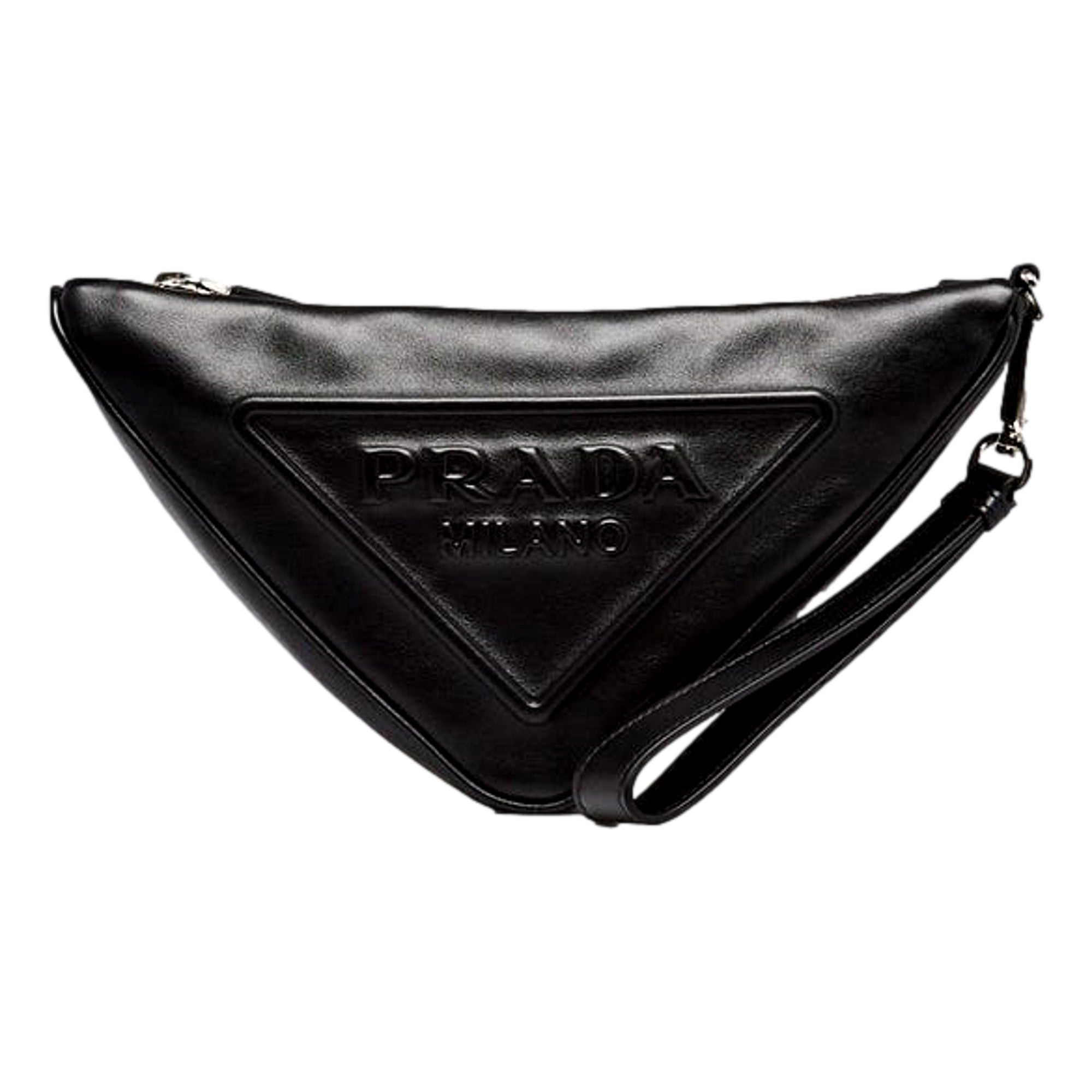 Prada Grace Triangle Leather Pouch Clutch Bag with Embossed Logo Nero Black available at Queen Bee of Beverly Hills