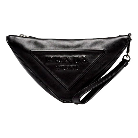 Prada Grace Triangle Leather Pouch Clutch Bag with Embossed Logo Nero Black available at Queen Bee of Beverly Hills