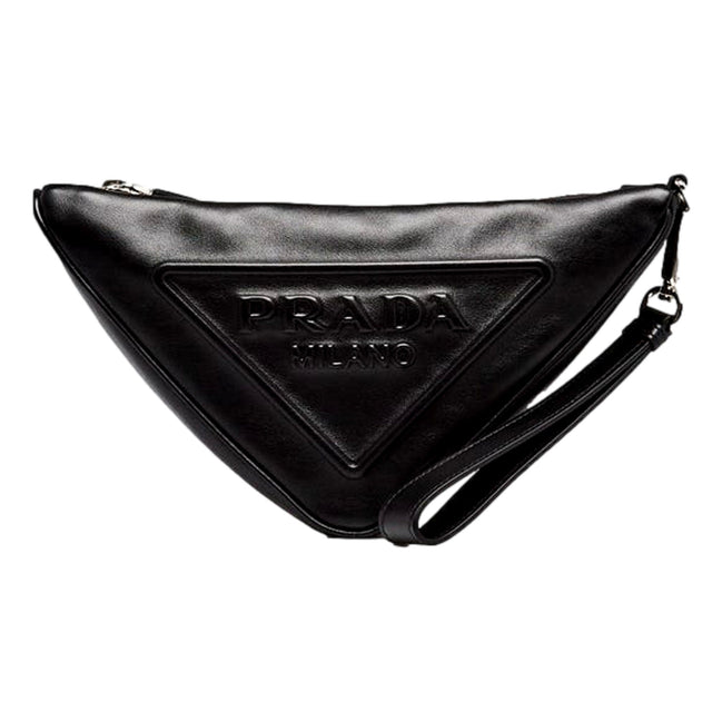 Prada Grace Triangle Leather Pouch Clutch Bag with Embossed Logo Nero Black available at Queen Bee of Beverly Hills