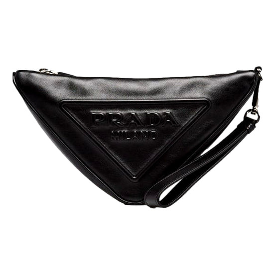 Prada Grace Triangle Leather Pouch Clutch Bag with Embossed Logo Nero Black available at Queen Bee of Beverly Hills