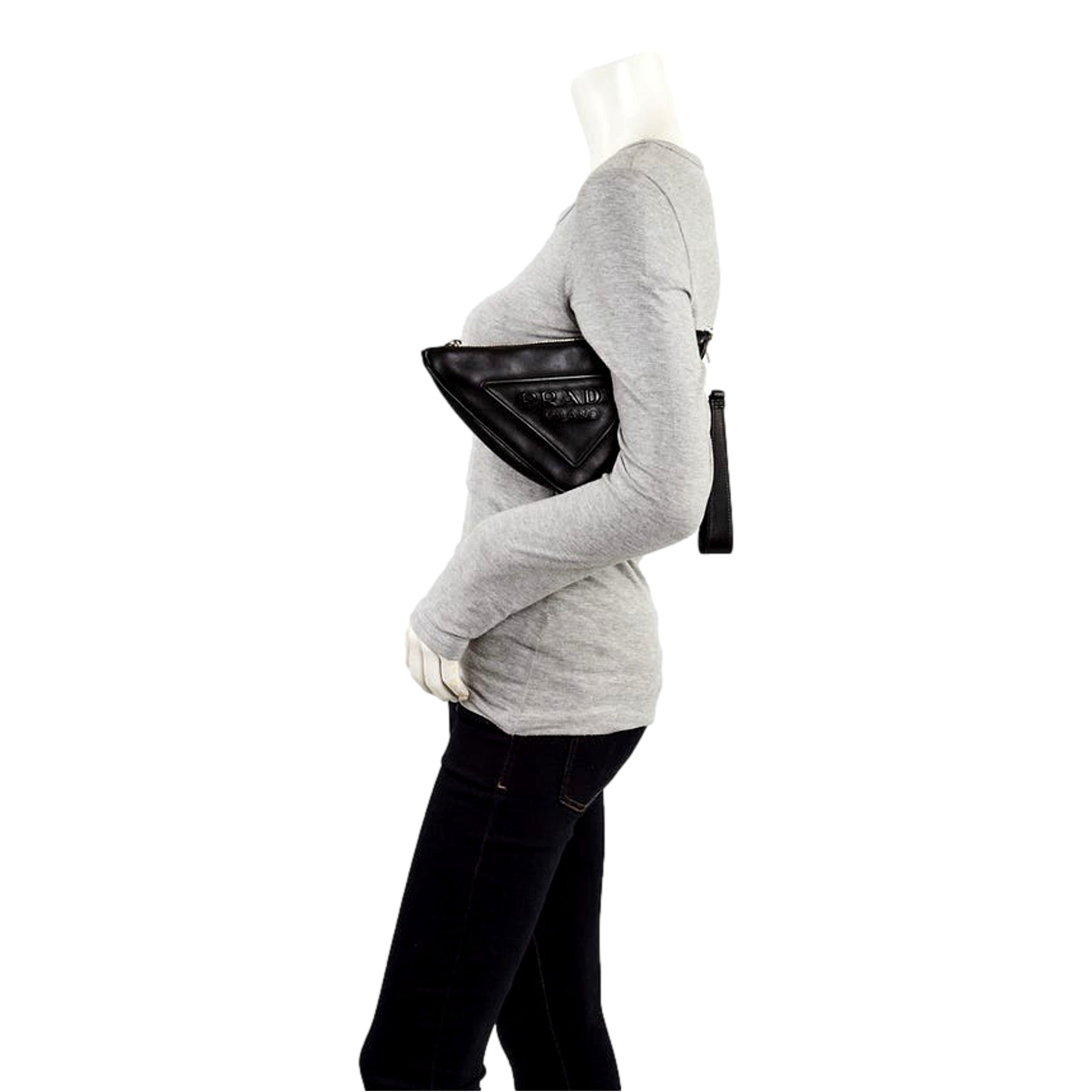 Prada Grace Triangle Leather Pouch Clutch Bag with Embossed Logo Nero Black available at Queen Bee of Beverly Hills