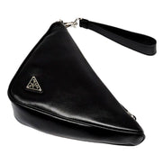 Prada Grace Triangle Leather Pouch Clutch Bag with Embossed Logo Nero Black available at Queen Bee of Beverly Hills