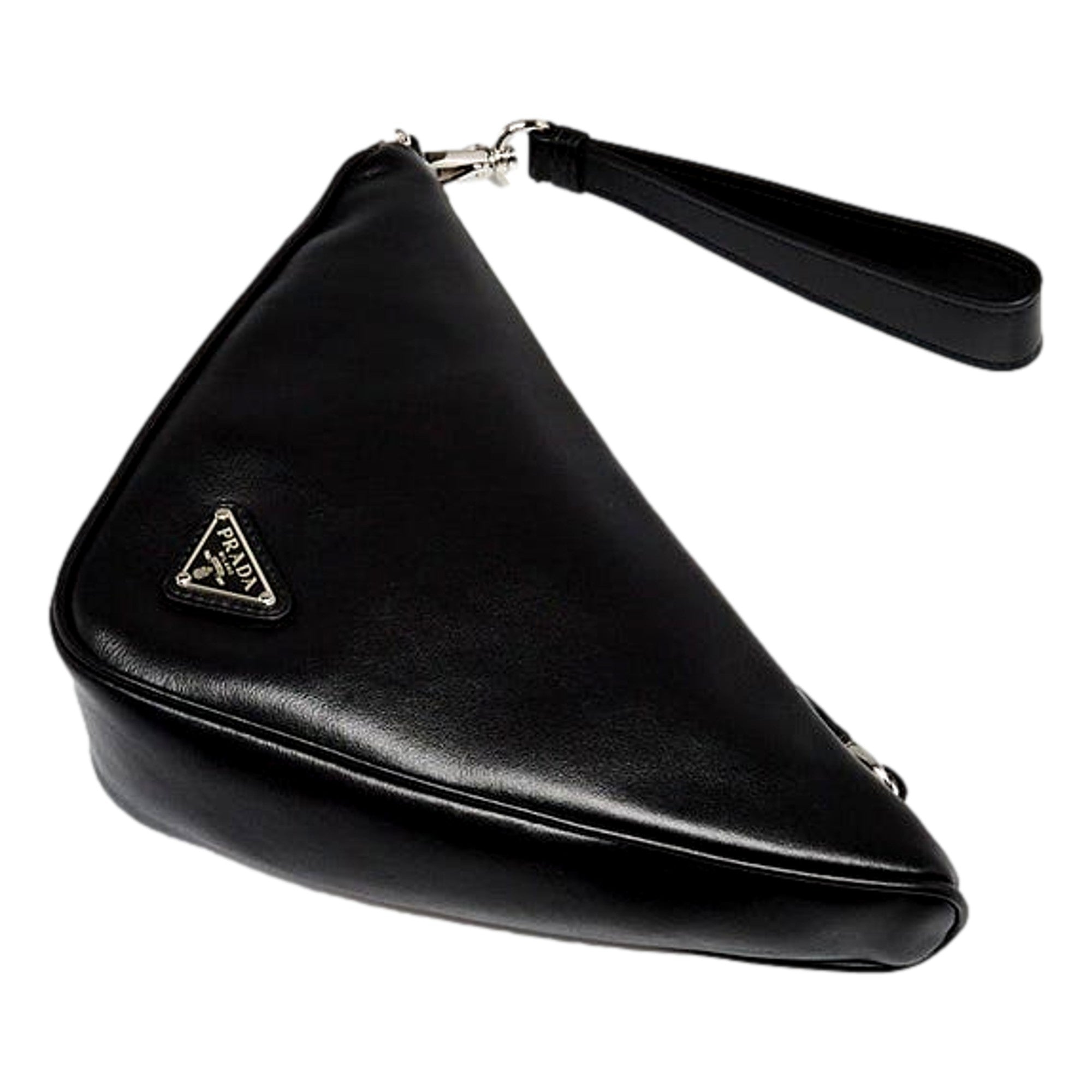 Prada Grace Triangle Leather Pouch Clutch Bag with Embossed Logo Nero Black available at Queen Bee of Beverly Hills