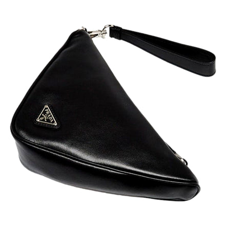 Prada Grace Triangle Leather Pouch Clutch Bag with Embossed Logo Nero Black available at Queen Bee of Beverly Hills