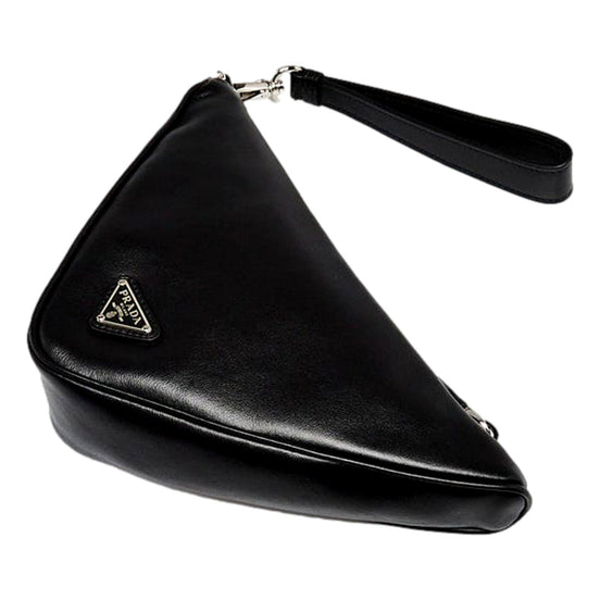 Prada Grace Triangle Leather Pouch Clutch Bag with Embossed Logo Nero Black available at Queen Bee of Beverly Hills