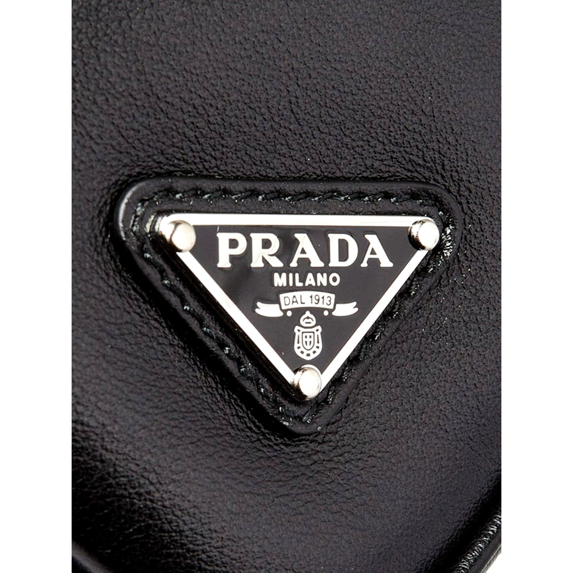 Prada Grace Triangle Leather Pouch Clutch Bag with Embossed Logo Nero Black available at Queen Bee of Beverly Hills