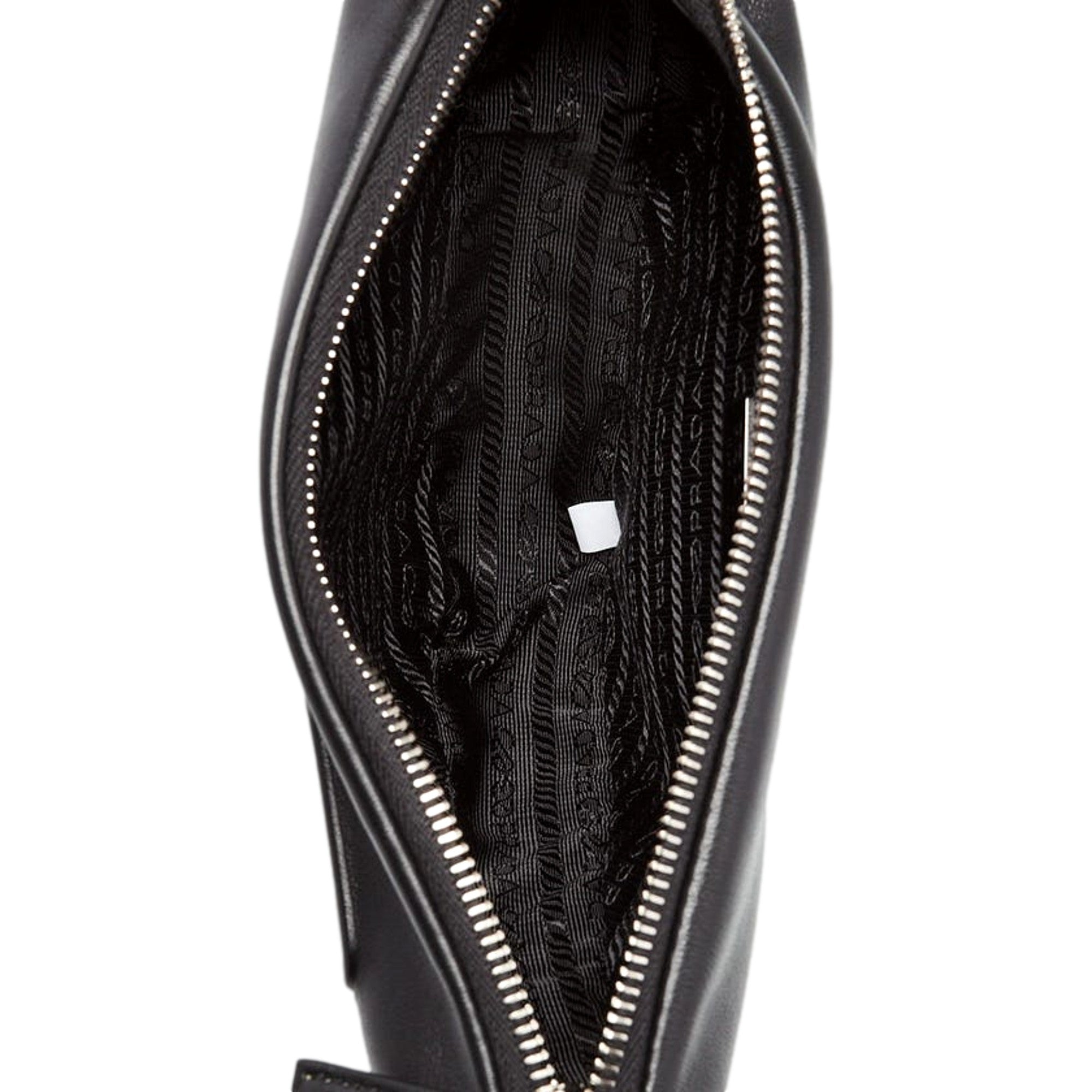 Prada Grace Triangle Leather Pouch Clutch Bag with Embossed Logo Nero Black available at Queen Bee of Beverly Hills