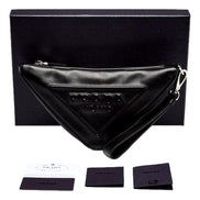 Prada Grace Triangle Leather Pouch Clutch Bag with Embossed Logo Nero Black available at Queen Bee of Beverly Hills