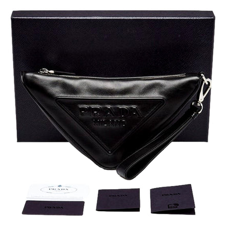 Prada Grace Triangle Leather Pouch Clutch Bag with Embossed Logo Nero Black available at Queen Bee of Beverly Hills