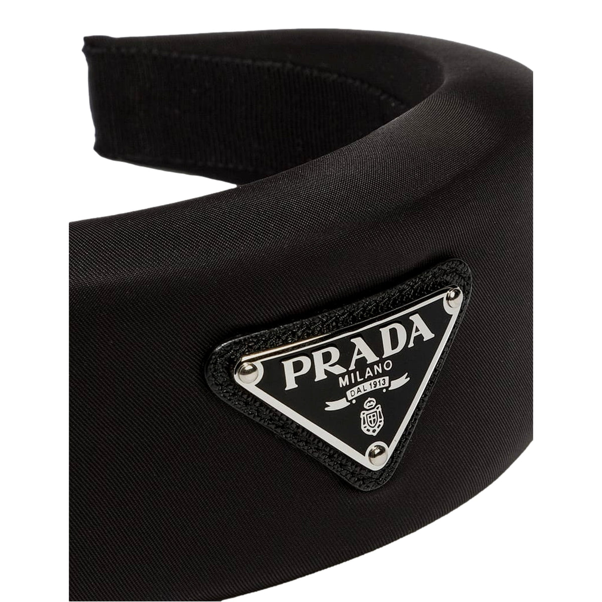 Prada Black Tessuto Nylon Padded Headband with Triangle Logo - available at Queen Bee of Beverly Hills. 